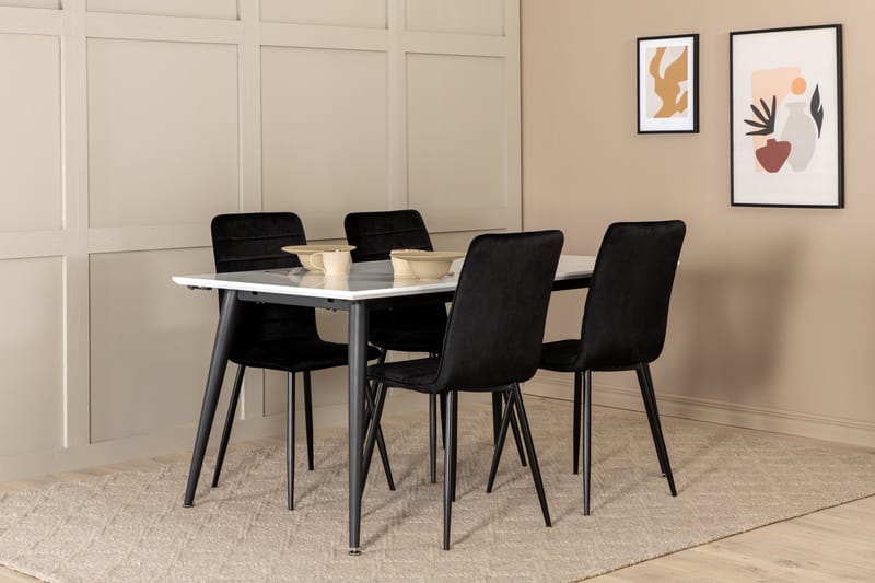 Jimms Udvideligt Spisebordssæt 150 cm inkl 4 Robin Stole, Hvid/Sort/Velour