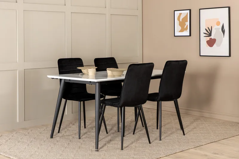 Jimms Udvideligt Spisebordssæt 150 cm inkl 4 Robin Stole, Hvid/Sort/Velour