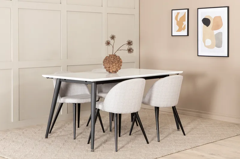 Jimms Udvideligt Spisebordssæt 150 cm inkl 4 Sedavi Stole, Hvid/Sort/Grå