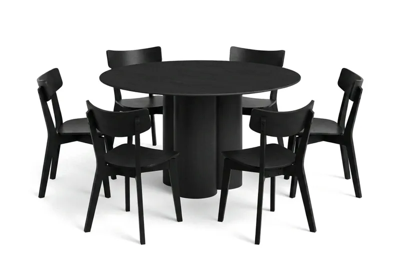 Juno spisegruppe 130 cm rund i sort med 6 Amelia spisestole, Sort