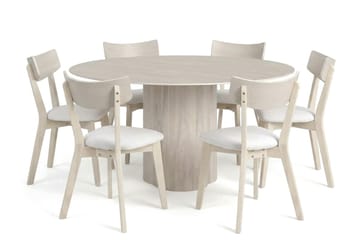 Juno spisegruppe 150 cm rund hvidlaseret med 6 Amelia spisestole med hynde - Hvidlaseret/Beige - Møbler - Borde - Spisebordssæt