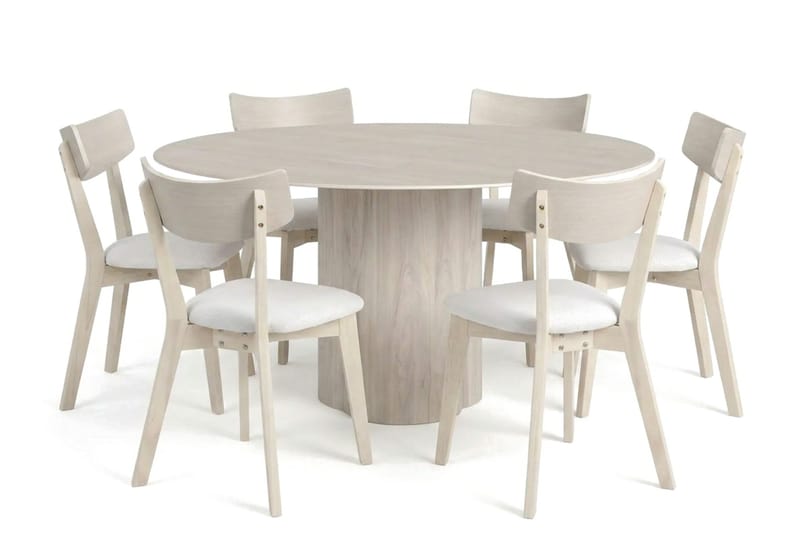 Juno spisegruppe 150 cm rund hvidlaseret med 6 Amelia spisestole med hynde - Hvidlaseret/Beige - Møbler - Borde - Spisebordssæt