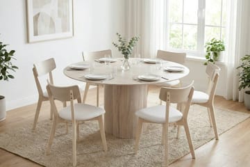 Juno spisegruppe 150 cm rund hvidlaseret med 6 Amelia spisestole med hynde - Hvidlaseret/Beige - Møbler - Borde - Spisebordssæt