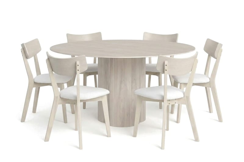 Juno spisegruppe 150 cm rund hvidlaseret med 6 Amelia spisestole med hynde, Hvidlaseret/Beige