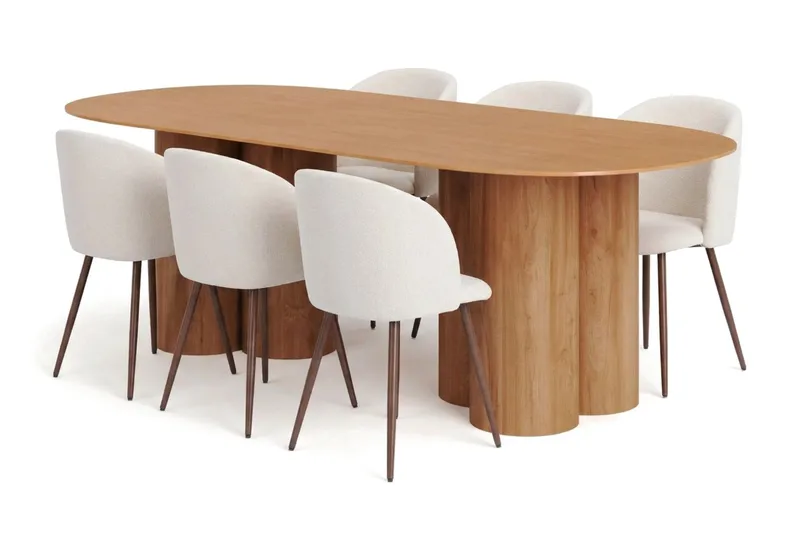 Juno spisegruppe rektangulær 220 cm eg med 6 Greya spisebordsstole, Eg
