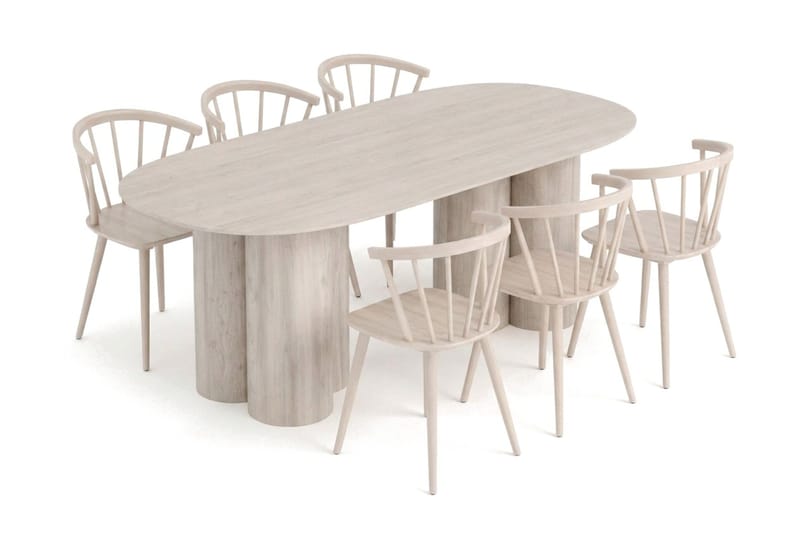 Juno spisegruppe rektangulær 220 cm hvidlaseret med 6 Tyrö spisebordsstole, Hvidolieret