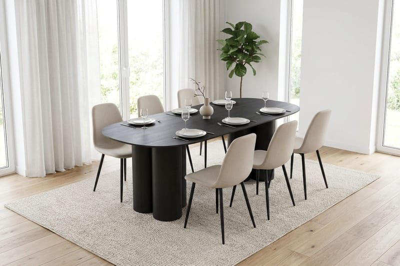 Juno spisegruppe rektangulær 220 cm sort med 6 Nibe spisebordsstole - Sort - Møbler - Borde - Spisebordssæt