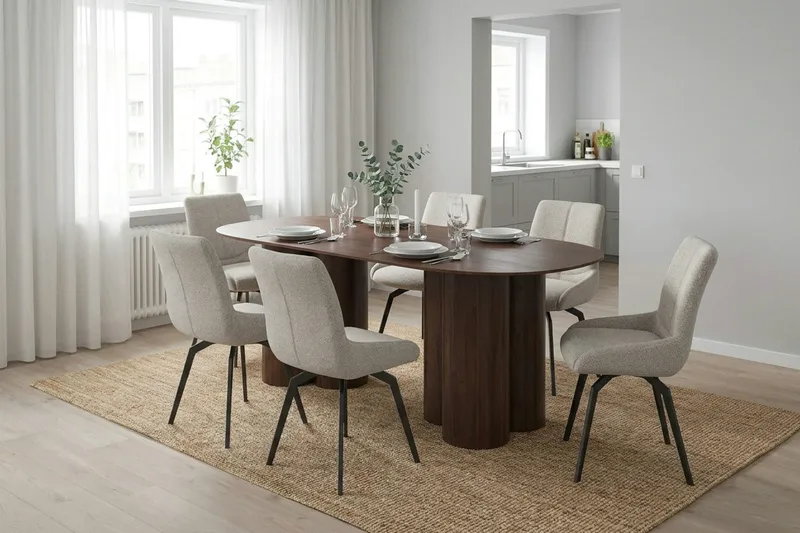 Juno spisegruppe rektangulær 220 cm valnød med 6 Mora spisebordsstole - Valnød - Møbler - Borde - Spisebordssæt