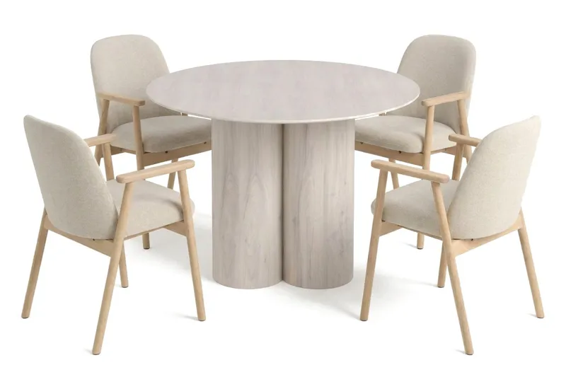 Juno spisegruppe rund 110 cm hvidlaseret med 4 Reciclar spisestole, Hvidolieret