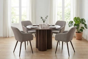 Juno spisegruppe rund 110 cm valnød med 4 Filippa spisestole - Valnød - Møbler - Borde - Spisebordssæt
