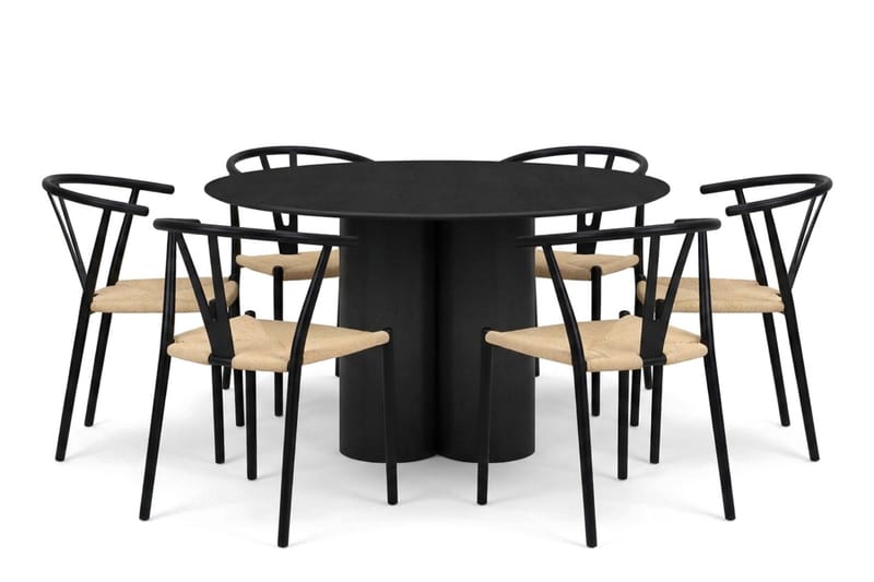 Juno spisegruppe rund 130 cm i sort med 6 Elysia spisestole