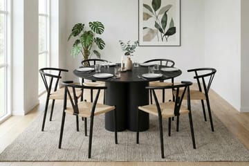 Juno spisegruppe rund 130 cm i sort med 6 Elysia spisestole - Møbler - Borde - Spisebordssæt