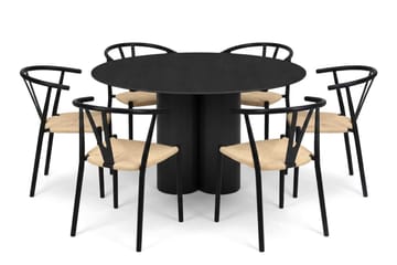 Juno spisegruppe rund 130 cm i sort med 6 Elysia spisestole - Møbler - Borde - Spisebordssæt