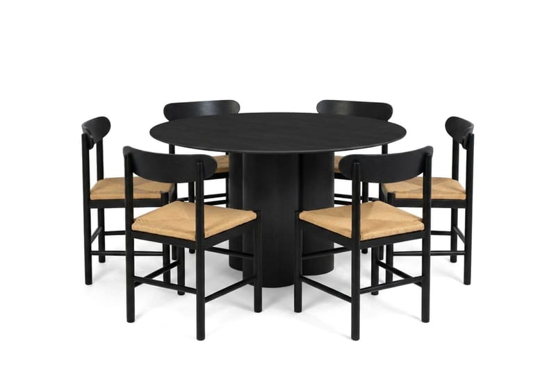 Juno spisegruppe rund 130 cm sort med 6 Malte spisestole