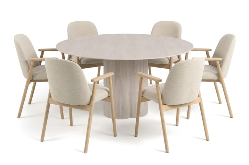 Juno spisegruppe rund 150 cm hvidolieret med 6 Reciclar spisebordsstole, Hvidolieret