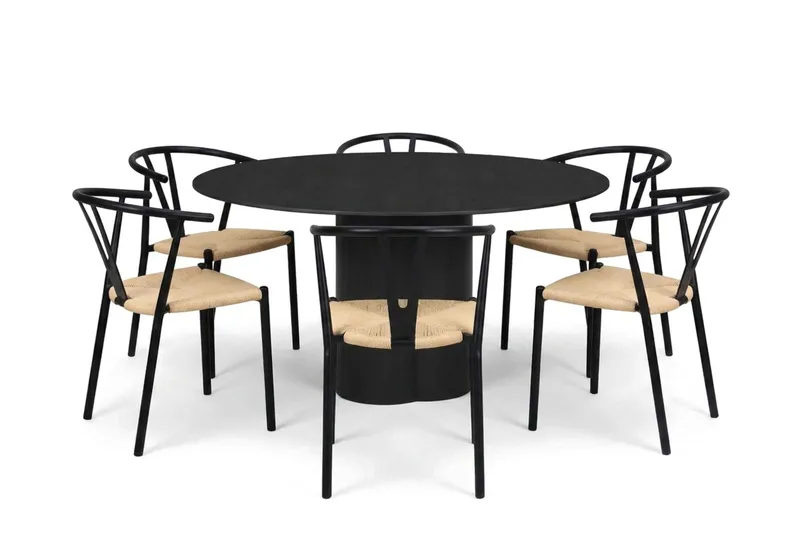 Juno spisegruppe rund 150 cm i sort med 6 Elysia spisestole