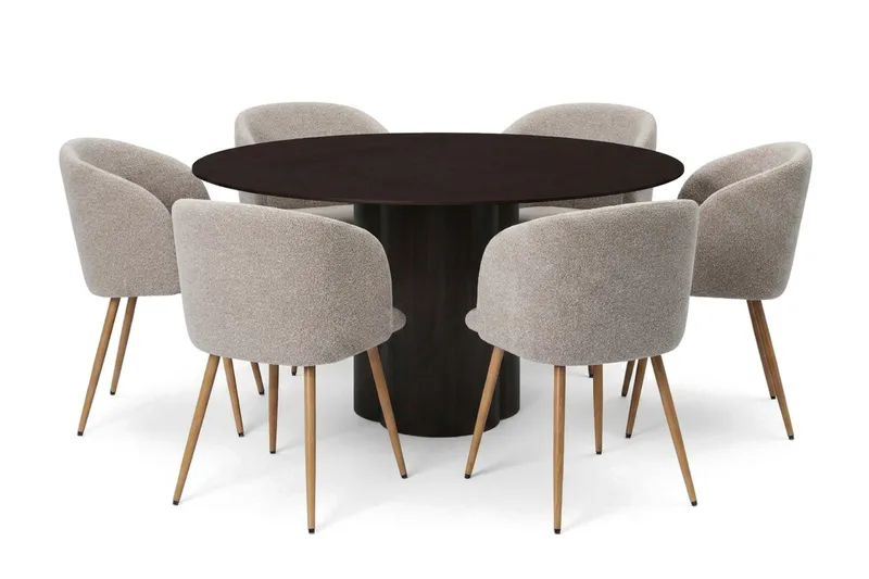 Juno spisegruppe rund 150 cm røget eg med 6 Greya spisestole, Røget eg