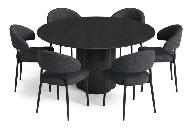 Juno spisegruppe rund 150 cm sort med 6 Sawako spisestole, Sort