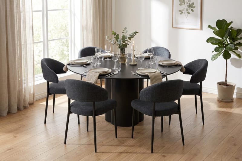 Juno spisegruppe rund 150 cm sort med 6 Sawako spisestole - Sort - Møbler - Borde - Spisebordssæt