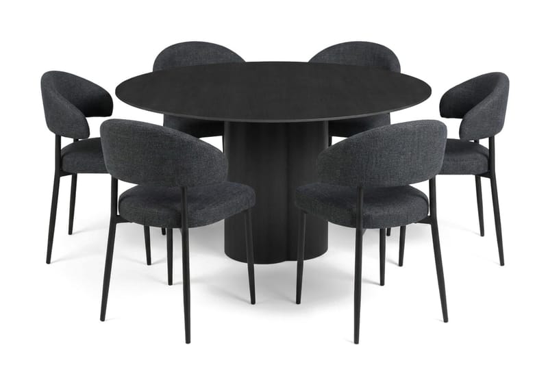 Juno spisegruppe rund 150 cm sort med 6 Sawako spisestole - Sort - Møbler - Borde - Spisebordssæt