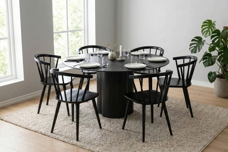 Juno spisegruppe rund 150 cm sort med 6 Tyrö spisestole - Sort - Møbler - Borde - Spisebordssæt