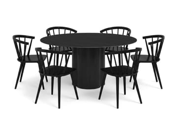 Juno spisegruppe rund 150 cm sort med 6 Tyrö spisestole - Sort - Møbler - Borde - Spisebordssæt