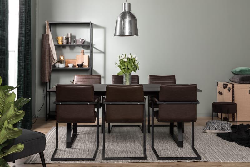 Kaj Spisebordssæt 200 cm med 6 House Stole Vintage - Sort/Mørkebrun PU - Spisebordssæt