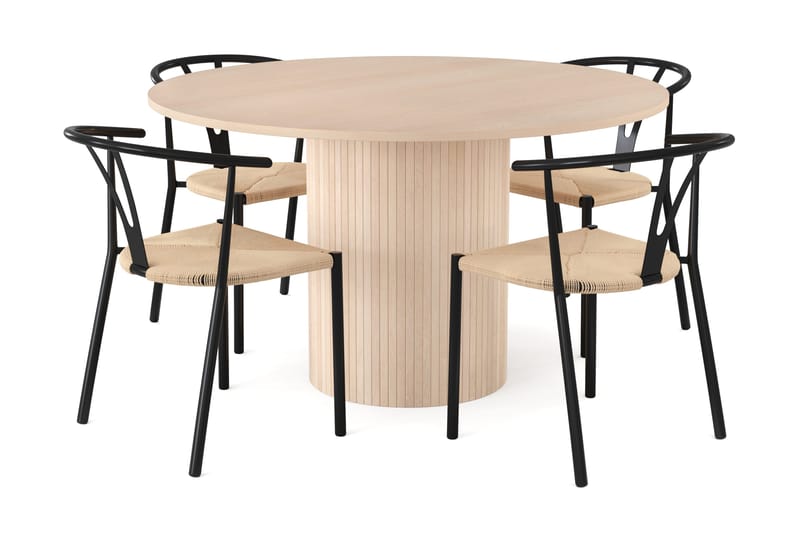 Kopparbo Spisebordssæt 130 cm Rund inkl 4 Elysia Stole, Beige / Sort