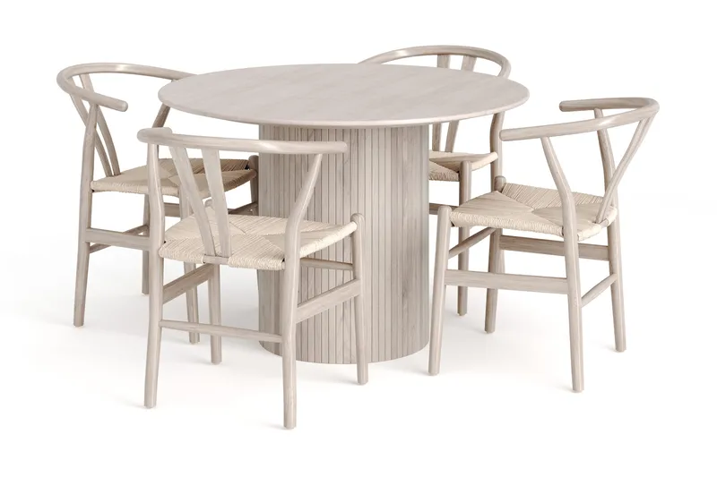 Kopparbo spisegruppe rund 110 cm hvidbejdset med 4 Dastoori-spisestole, Hvidlaseret