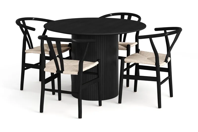 Kopparbo spisegruppe rund 110 cm sort med 4 Dastoori-spisestole, Sort