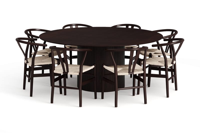 Kopparbo spisegruppe rund 180 cm røget eg med 8 Dastoori-spisestole, Røget eg