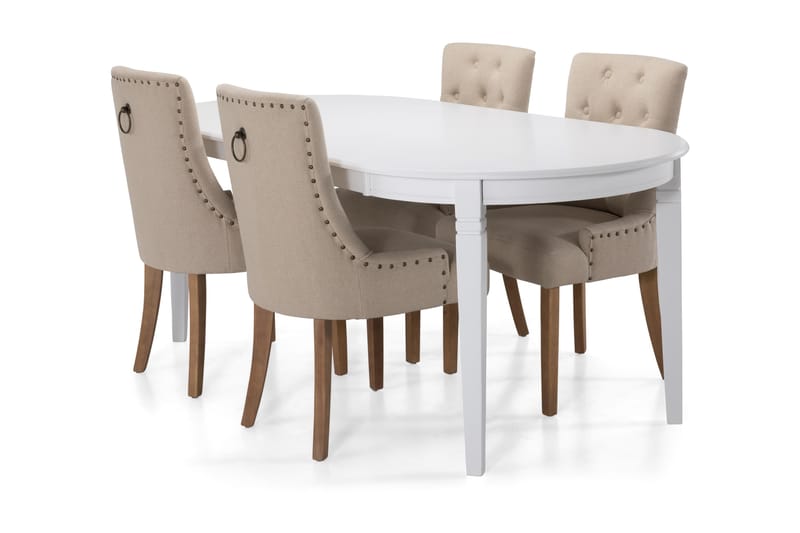 Läckö Spisebord 200 cm Oval - Hvid/Beige - Spisebordssæt