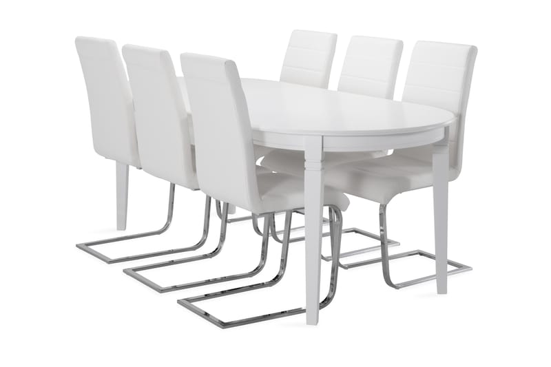 Läckö Spisebord med 6 stk Cibus Stole - Hvid/Krom - Spisebordssæt