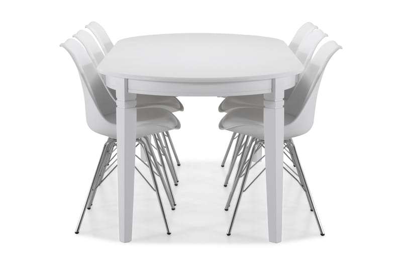 Läckö Spisebord med 6 stk Shell Stole - Hvid/Krom - Spisebordssæt