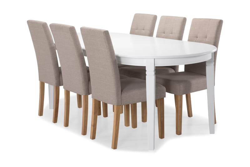 Läckö Spisebord med 6 stk Viktor Stole - Hvid/Beige/Eg - Møbler - Borde - Spisebordssæt