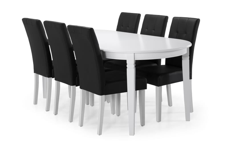 Läckö Spisebord med 6 stk Viktor Stole - Hvid/Sort PU - Spisebordssæt