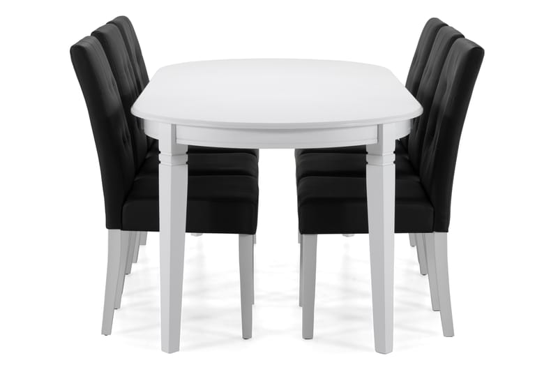 Läckö Spisebord med 6 stk Viktor Stole - Hvid/Sort PU - Spisebordssæt