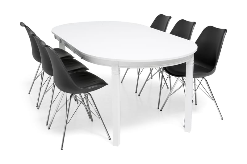 Läckö Spisebordssæt Hvid - 6 Shell Stole Sort/Forkromet - Spisebordssæt