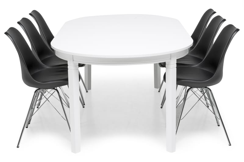 Läckö Spisebordssæt Hvid - 6 Shell Stole Sort/Forkromet - Spisebordssæt