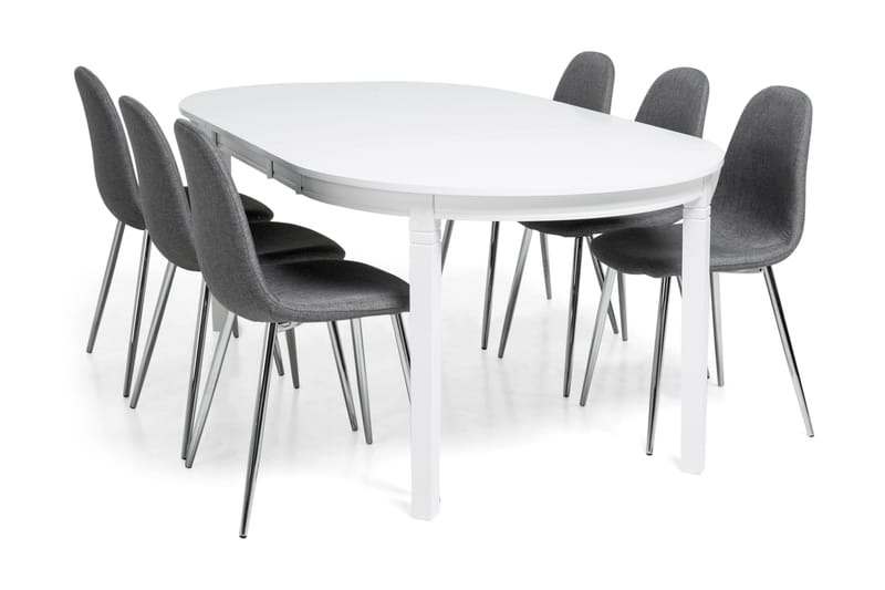 Läckö Spisebordssæt med 6 Nibe Stole - Hvid/Grå/Krom - Spisebordssæt