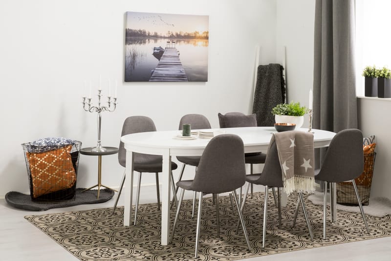 Läckö Spisebordssæt med 6 Nibe Stole - Hvid/Grå/Krom - Møbler - Borde - Spisebordssæt