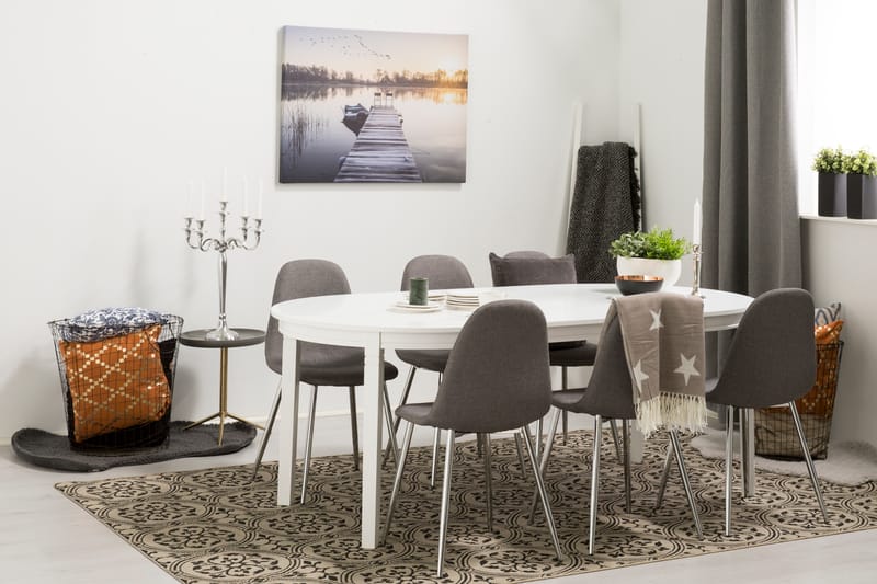 Läckö Spisebordssæt med 6 Nibe Stole - Hvid/Grå/Krom - Spisebordssæt