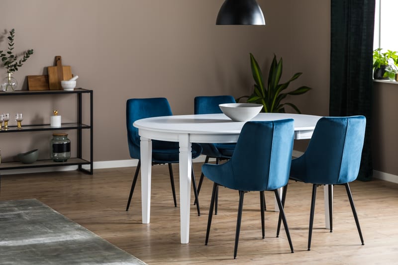 Läckö Udvideligt Spisebordssæt med 4 Alsarp Stol - Hvid/Blå - Spisebordssæt