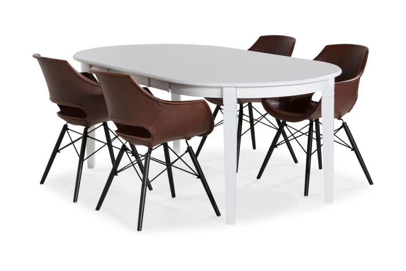 Läckö Udvideligt Spisebordssæt med 4 Kairo Stole - Hvid/Vintage Brun/Eg - Spisebordssæt