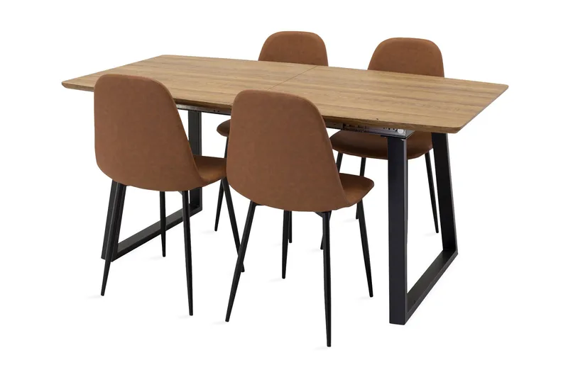 Leah udvidelig spisebordssæt med 4 Pontus køkkenstole, Kunstlæder brun / beige