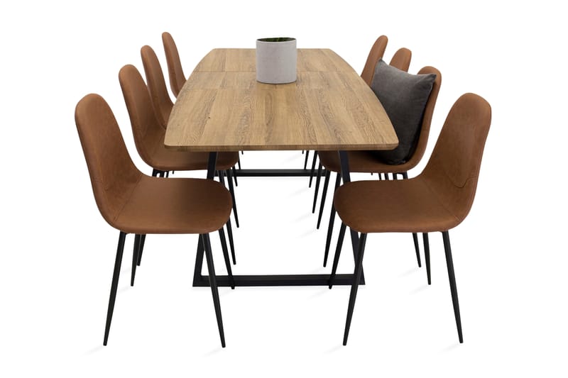 Leah udvidelig spisebordssæt med 8 Pontus køkkenstole - Kunstlæder brun / beige - Spisebordssæt