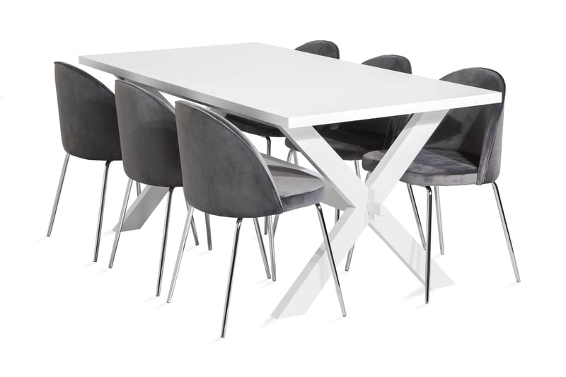 Linnea Spisebordssæt 180 med 6 Felipe Stol Velour - Hvid/Grå/Forkromede Ben - Spisebordssæt