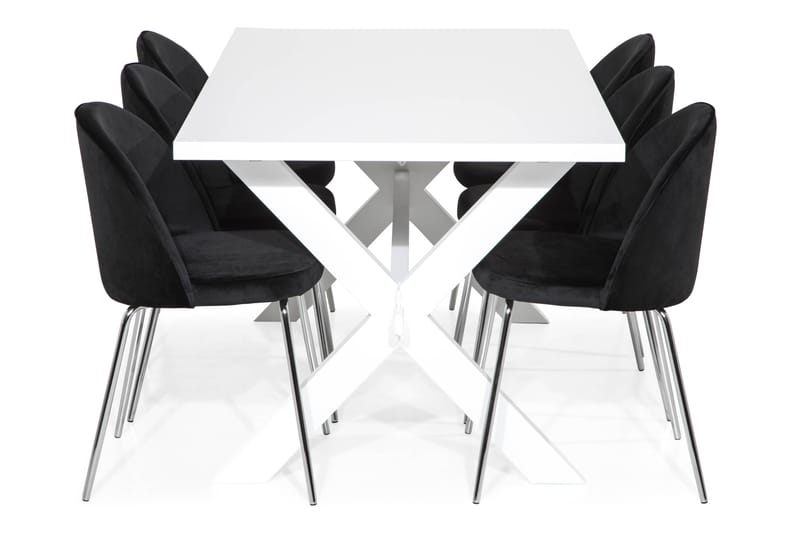 Linnea Spisebordssæt 180 med 6 Felipe Stol Velour - Hvid/Sort/Forkromede Ben - Spisebordssæt