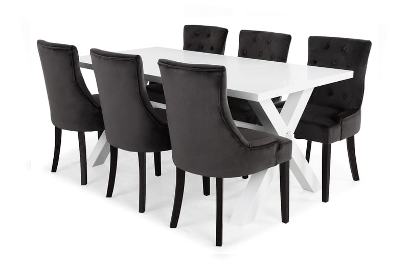 Linnea Spisebordssæt med 6 Viktoria Lænestole - Hvid/Grå Velour - Spisebordssæt