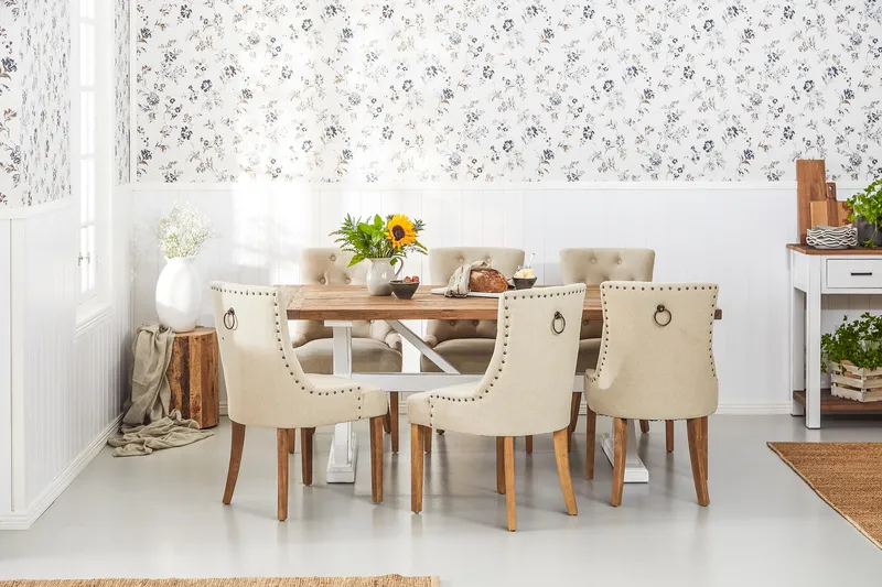 Lyon Förlängningsbar Matgrupp 200 cm med 6 Viktoria Stol Bloomington Natur/Vit/Beige Beige/White - Møbler - Borde - Spisebordssæt